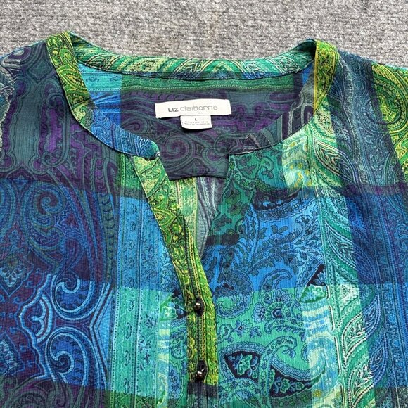 Liz Claiborne Top Womens L Green Blue Paisley Popover Blouse Sheer Silver Button - Picture 4 of 13
